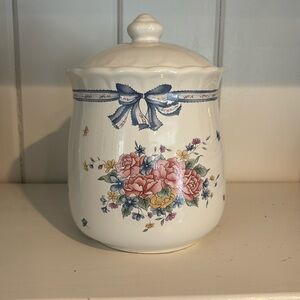 Ceramic cookie jar with pink floral and blue bow cottage core